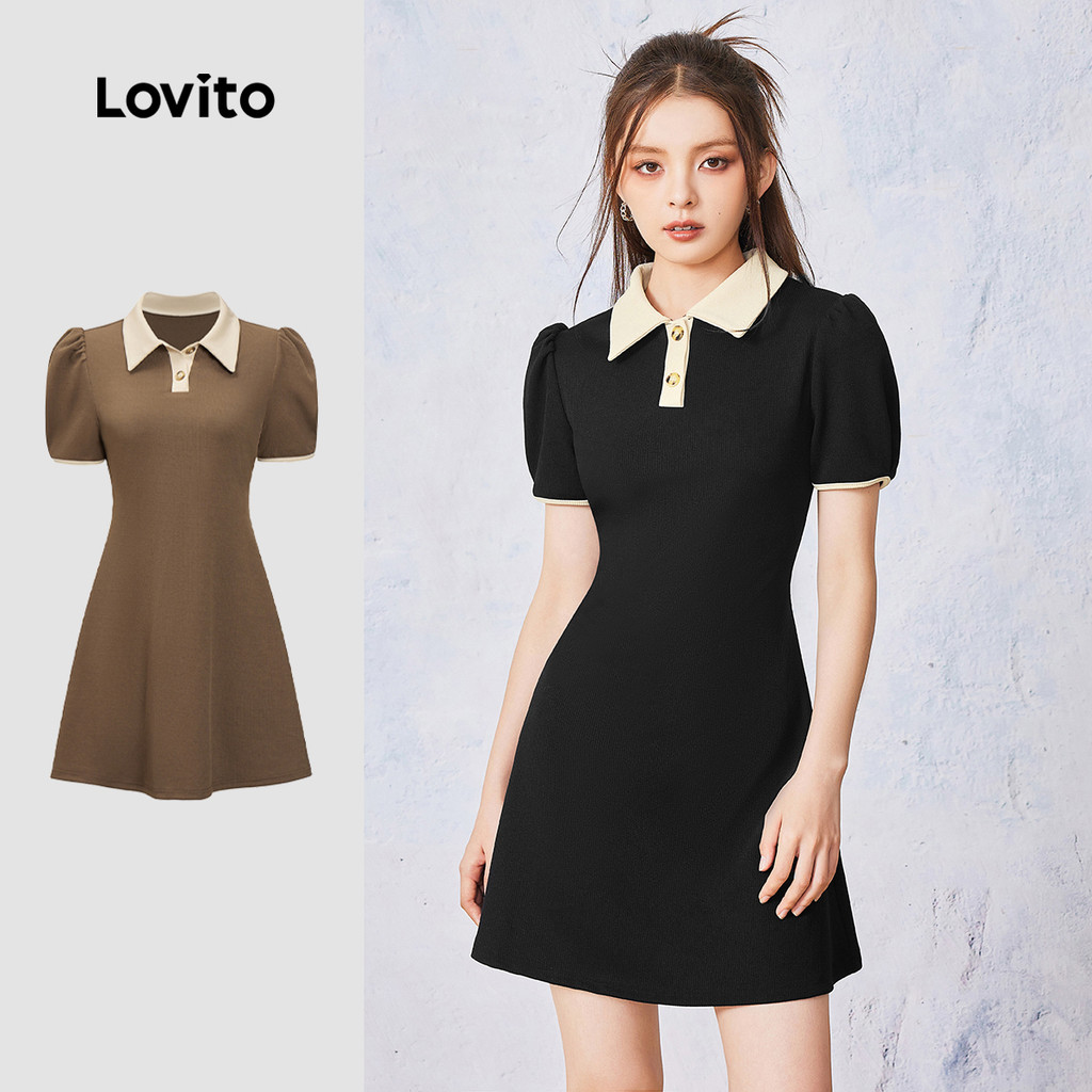 (Hot) Lovito Vestido Casual Liso Com Gola Contrastante Para Mulheres L55AD057 (Multicolorido) em Oferta na Shopee