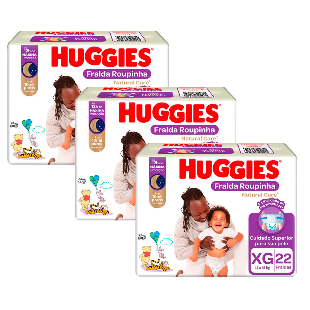 Kit 3 Fralda Roupinha Huggies Natural Care Tamanho XG Pacote Mega 22 Unidades Descartáveis cada - Mom & Baby