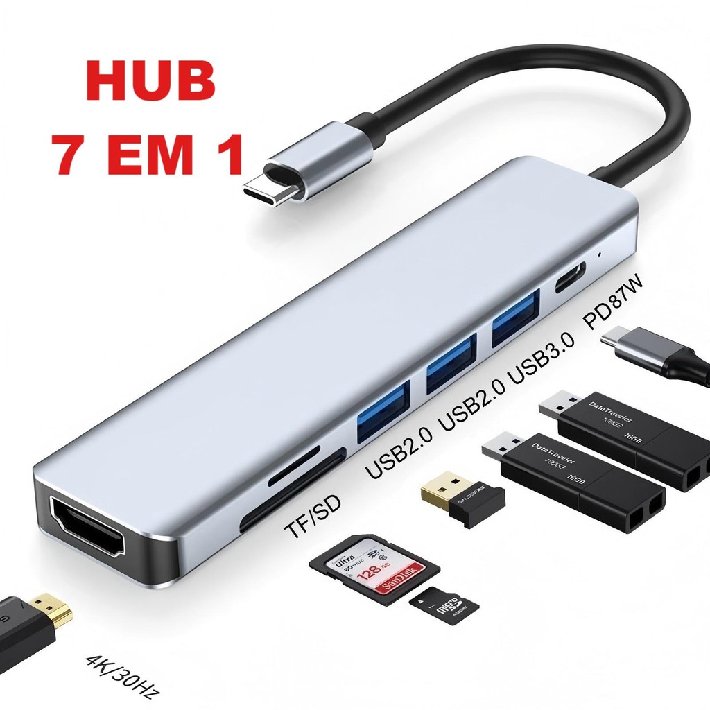 HUB 7 em 1 Tipo C USB HDTV 4K 30Hz Vídeo USB 3.0 USB 2.0 SD TF Cartão Slot Leitor de Dados USB-C