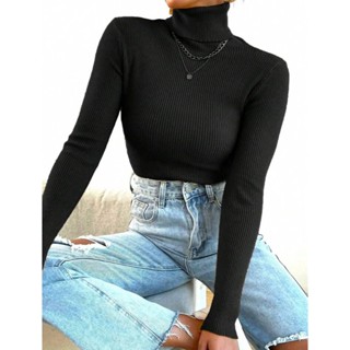 Blusa Feminina Tricot Canelado Gola Alta Manga Longa em Oferta na Shopee