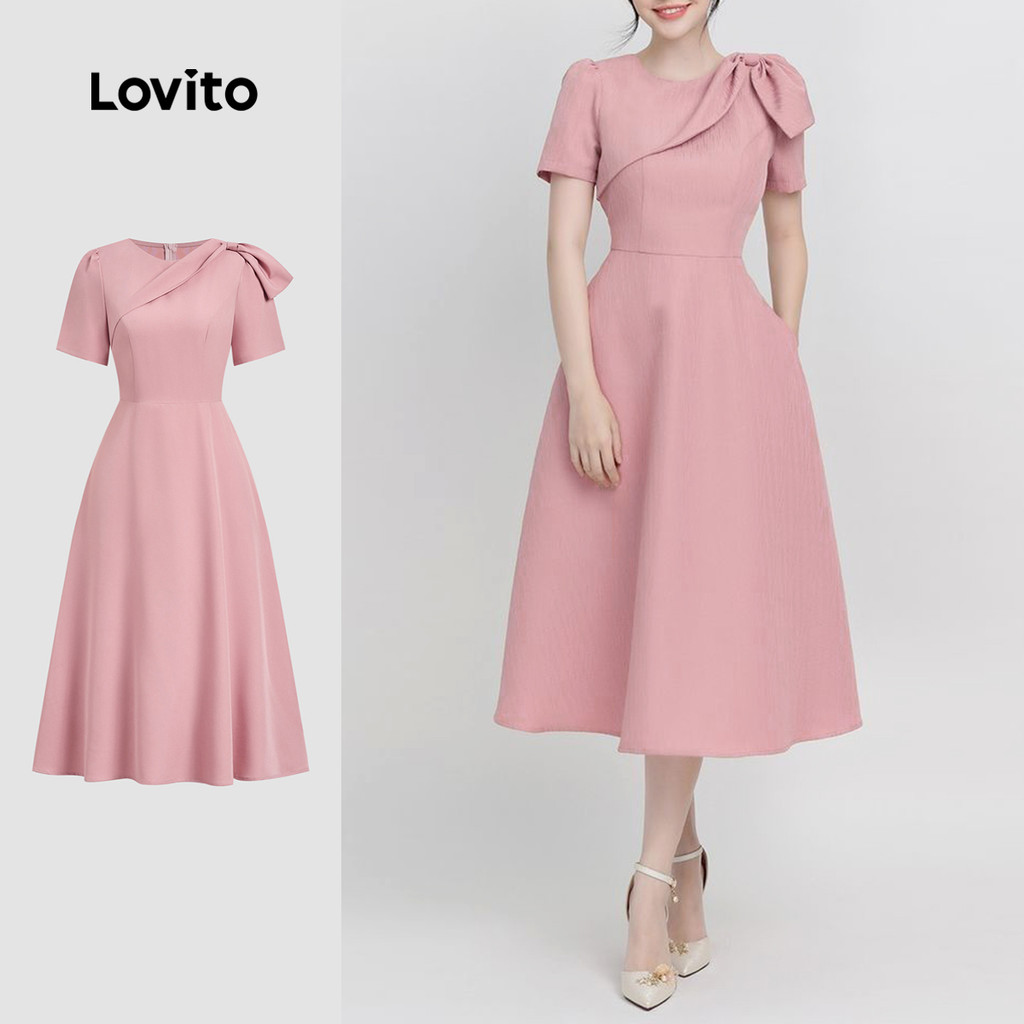 Lovito - Vestido Elegante Rosa Primavera/Verão Com Nó Liso Para Mulheres L134LD123 em Oferta na Shopee