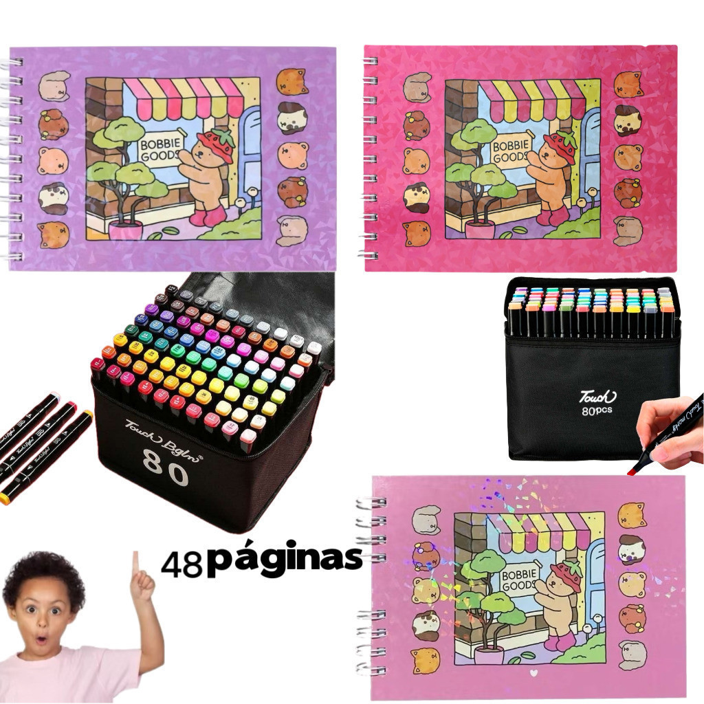 Conjunto de livro de colorir com 48 folhas de papel de desenho e marcadores, 80 cores