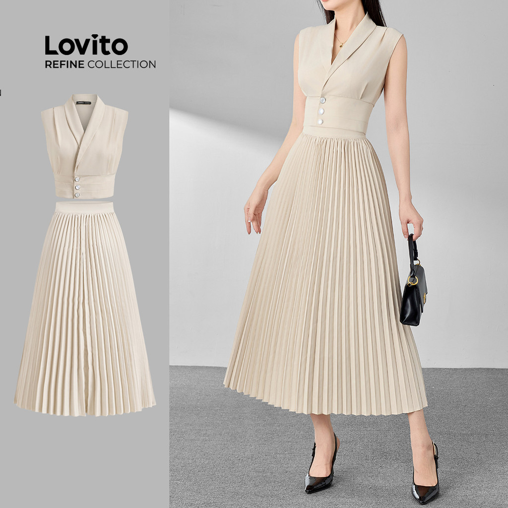 (Lovito Refine) Tops ou calças plissadas frontais elegantes com botões lisos para mulheres LR7ED008 - Women Clothes