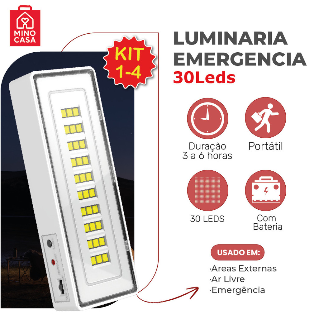 Luminária Emergência Lâmpada Portátil 30 Leds Recarregável Bivolt Luz Branca Fria