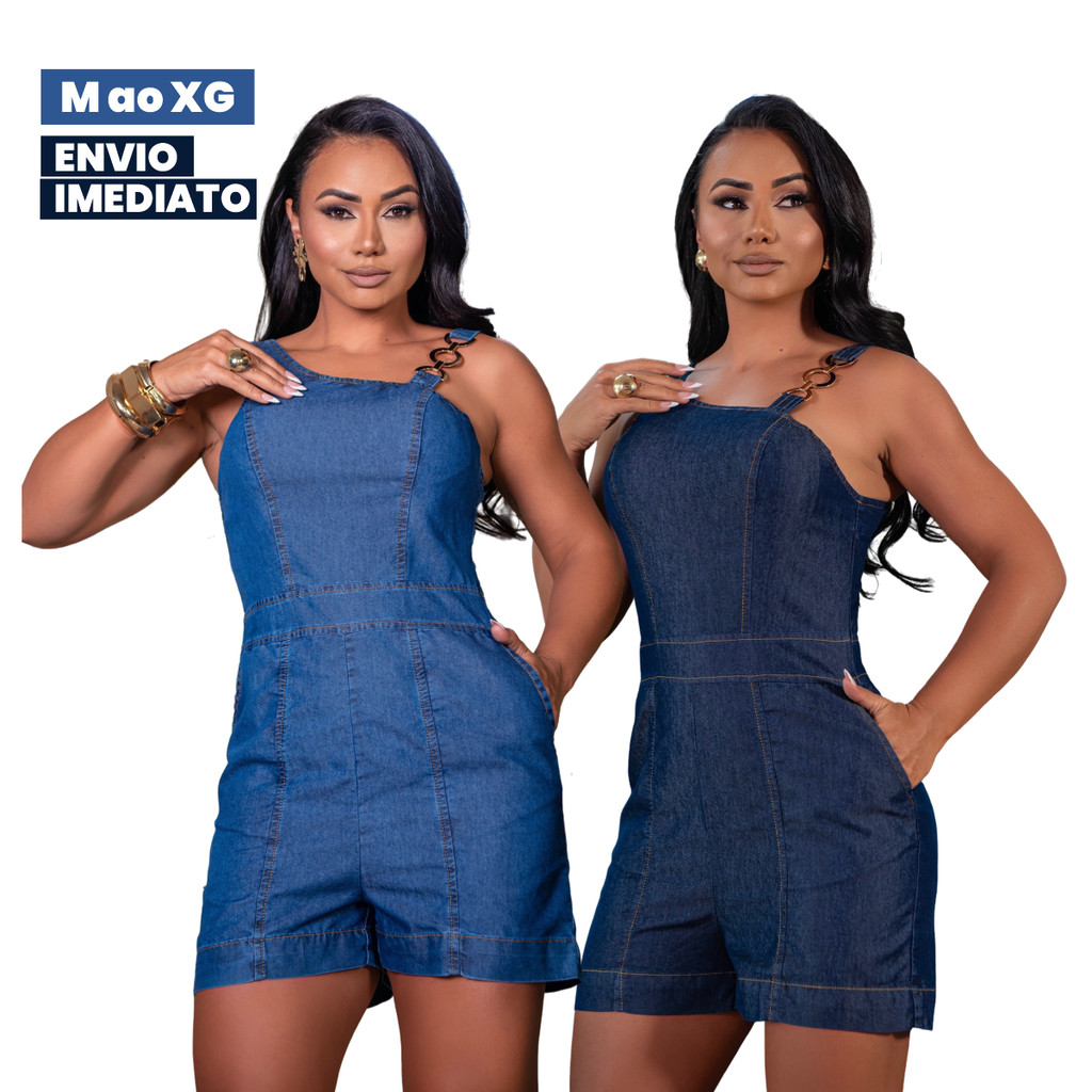 Macaquinho Jeans Curto Feminino com Bojo Zíper Frontal e Bolsos Look Casual Estiloso em Oferta na Shopee