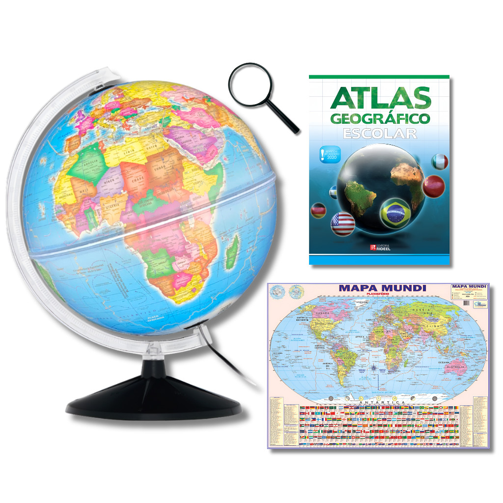 Globo Terrestre Político Luminoso 30cm + Atlas Geográfico + Mapa Mundi + Lupa