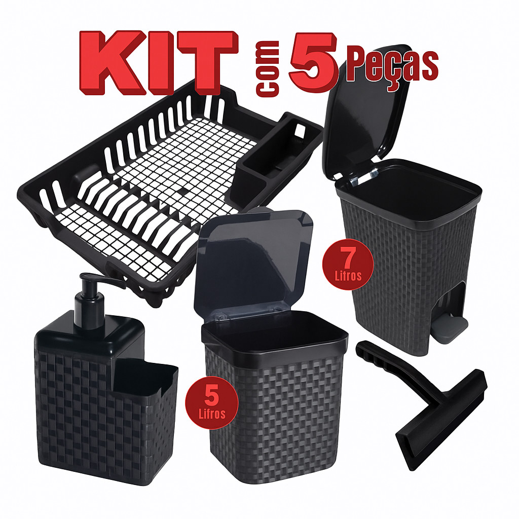 Kit Cozinha Organizada Lixeira 7L com Pedal Lixeira 5L Rodo Porta Detergente Escorredor