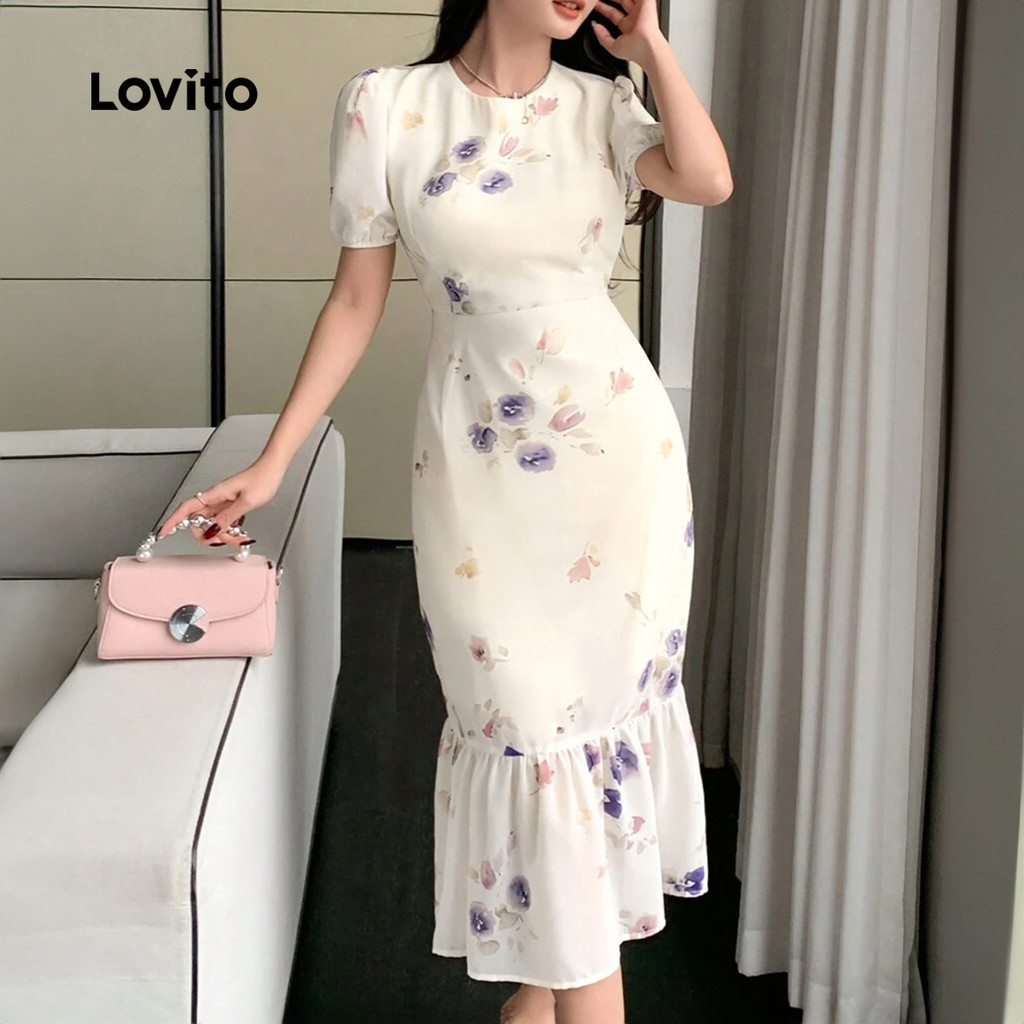 (Trendy) Lovito Elegante Vestido Multicolorido Com Padrão Floral Ditsy Para Mulheres L131ED1040 em Oferta na Shopee