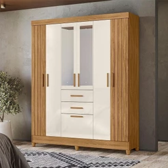 Guarda Roupa Solteiro Ambiente Malta 7 Portas Freijó Off White Com Espelho Moval