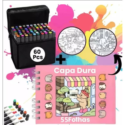 Kit Livro De Colorir Capa Dura 50/100 Páginas + Canetinhas Ponta Dupla Marca Texto 12/24/36/48/60