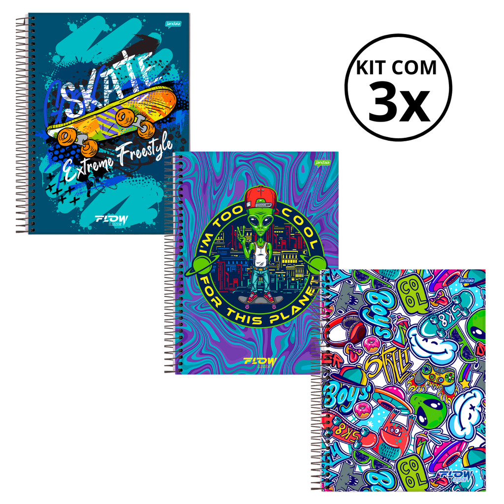 Kit 03 Cadernos Universitário 20 Matérias 320 Folhas Flow - Jandaia CAPA:Skate/Alien/Boys em Oferta na Shopee