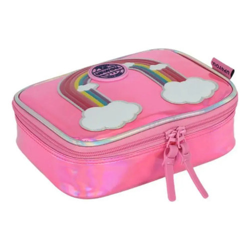 Estojo Escolar Box Feminino 100 Lápis Holografico Arco Iris Rosa e Prata - Up4you