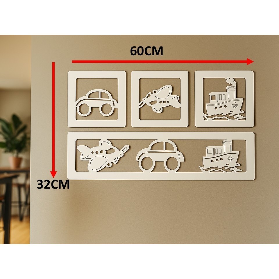 KIT 4 QUADROS DE MDF INFANTIL—DECORAÇÃO DE TRANSPORTES (CARRO, AVIÃO E BARCO)