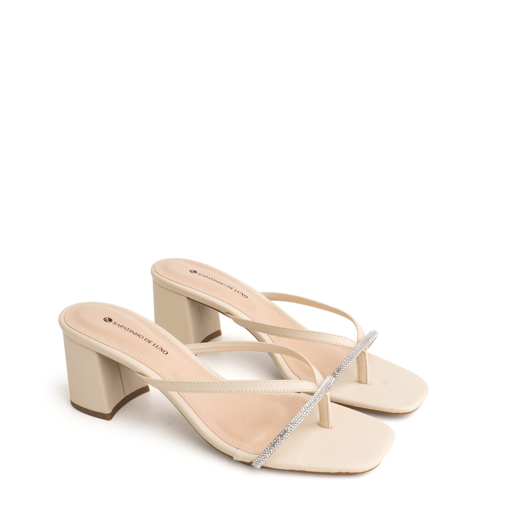 Tamanco Nude Manteiga Salto Bloco Médio Tira Dedo Strass Brilho 3060.58_3 - Women Shoes