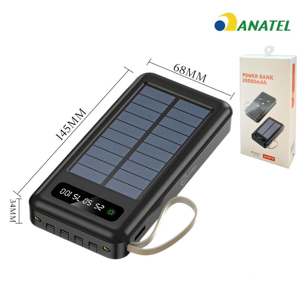 Imagem Carregador Portátil Power Bank Solar 20.000mah Com cabos 5 Em1 LED lanterna