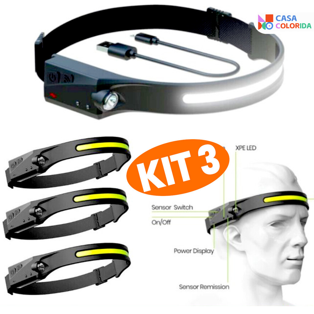 KIT 3 Lanterna De Cabeça Recarregável 3 Led Body Motion Camping Torch Light Lamp Com Usb