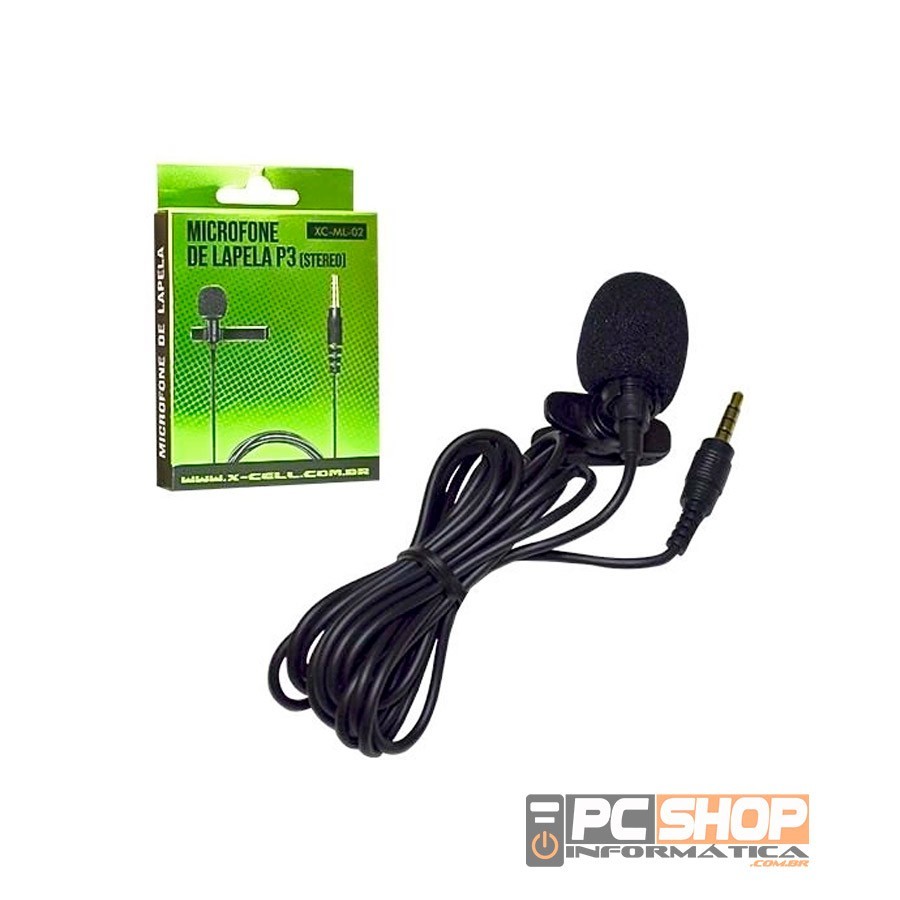 Microfone de Lapela para Celular/PC P3 3.5mm Stereo Cabo com 2,5m Profissional X-Cell