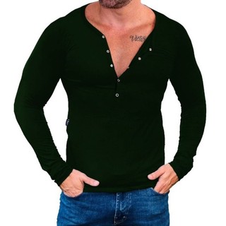 Camiseta Henley Masculina Básica Camisa Slim Botão Gringa Viscose Elastano Manga Longa