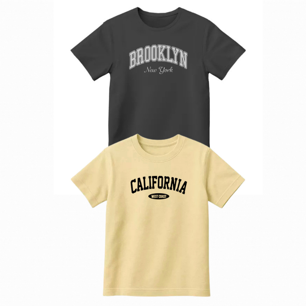 Kit com 2 camisetas infantil e Juvenil estampada Brooklyn e California