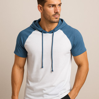 Camiseta Masculina Raglan Capuz Regulagem Manga Curta Algodão Peruano