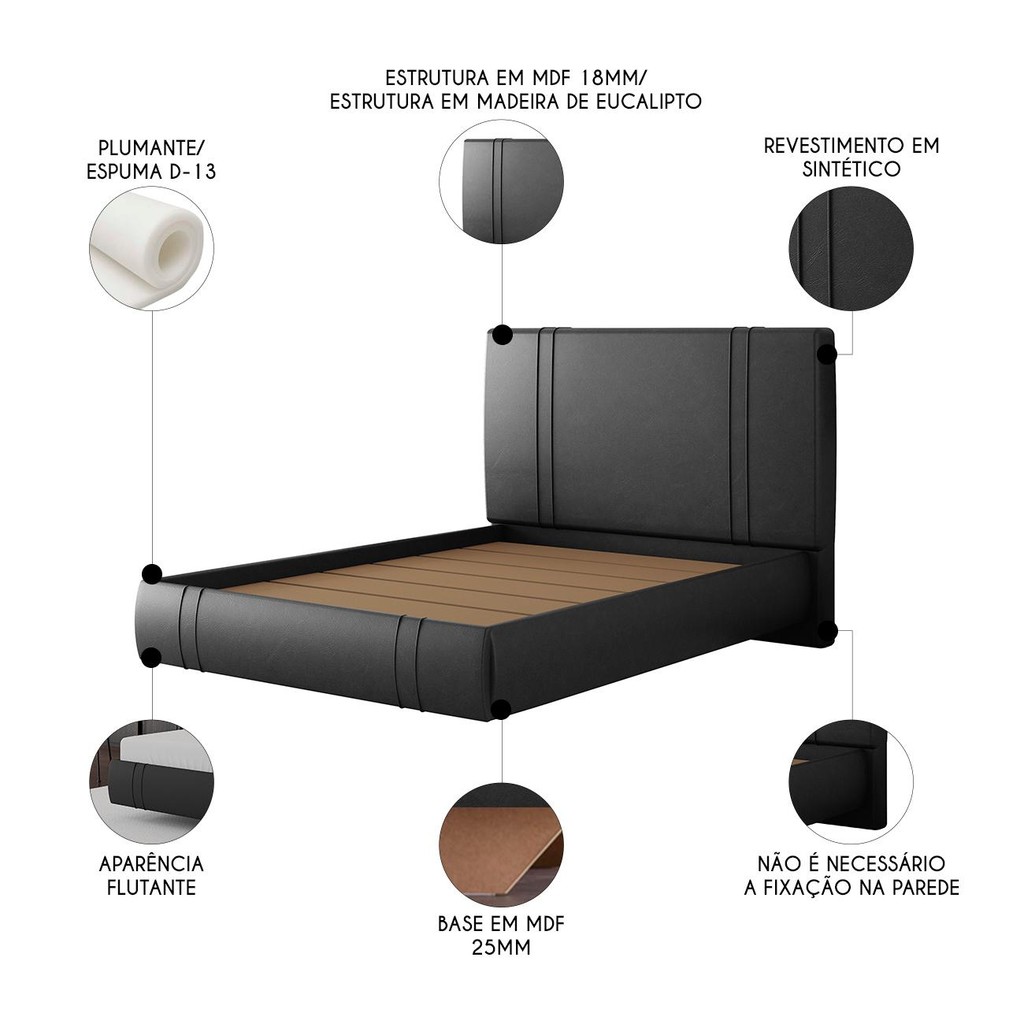 Detalhes do Cama Casal Flutuante Com Cabeceira 140cm Lyra Sintético Preto S05 - Mpozenato