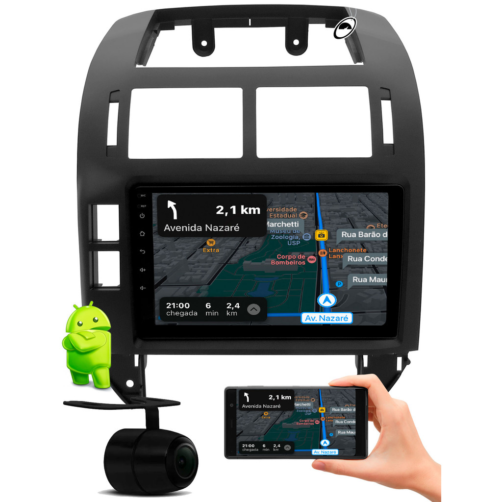 Multimidia 2 Din 9" Android Polo Hatch Sedan 2003 até 2011 Android Auto Car Play Sem Fio + Câmera Ré