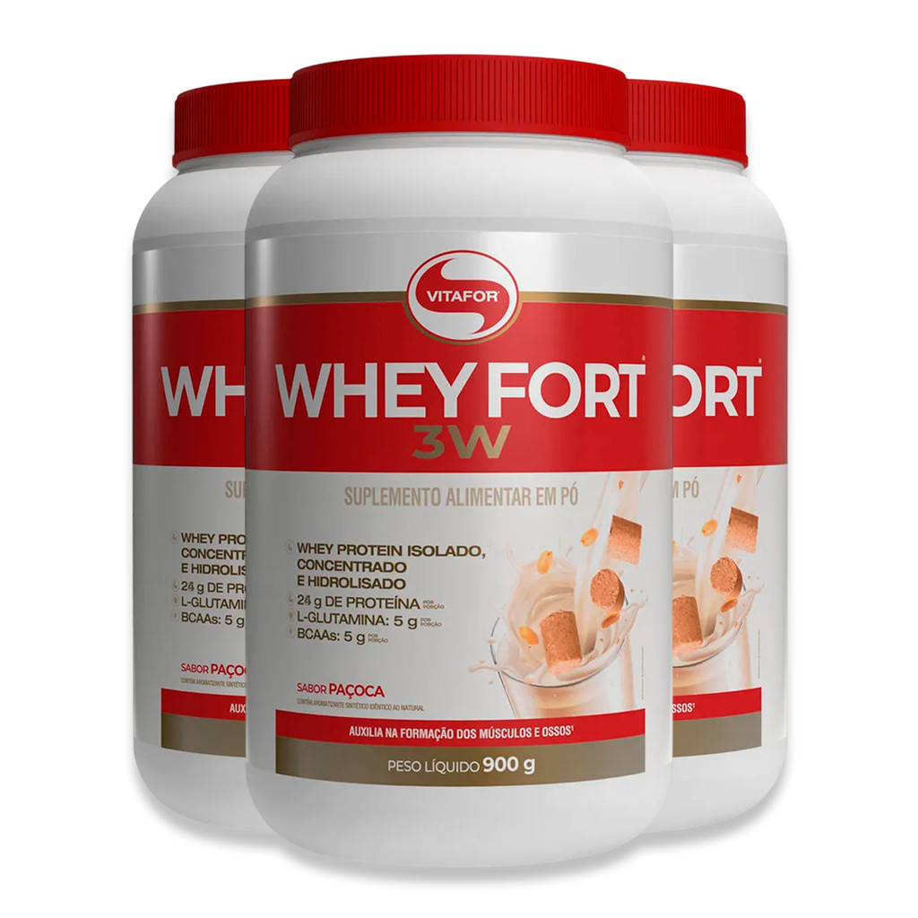 Kit 3 Whey Fort 3w Vitafor 900g Paçoca