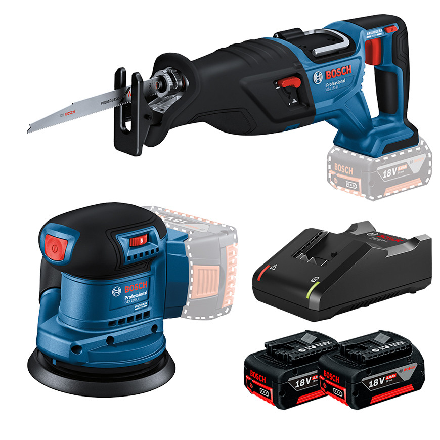 Kit Serra Sabre GSA 185-LI + Lixadeira Roto Orbital 5" GEX 185-LI + 2 Bateria 4Ah + Carregador Rápido Bosch