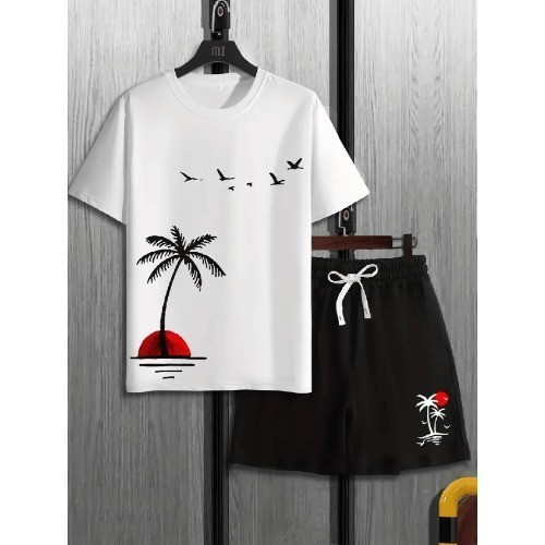 Conjunto Masculino Estampa de Coqueiro, Camiseta Casual e Bermuda para o Verão academia lançamento