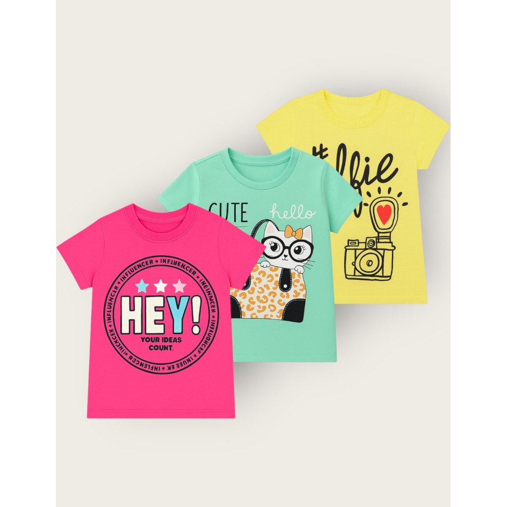 Kit 3 Camiseta Brusa Infantil Menina Manga Curta Algodao Fio 30 1 Estampas Sortidas Look Casual