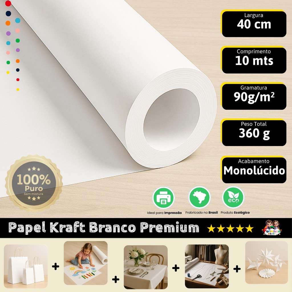 Papel Kraft Branco 90g Com 40cm x 10 Metros Monolúcido - Plotter - Embalagem - Decoração - Molde