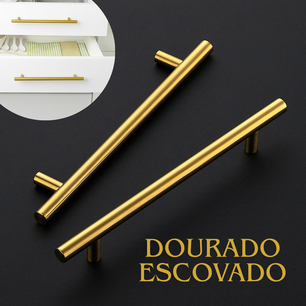 Puxador Aço Inox Dourado Escovado Móveis Armário Redondo Gaveta Cozinha