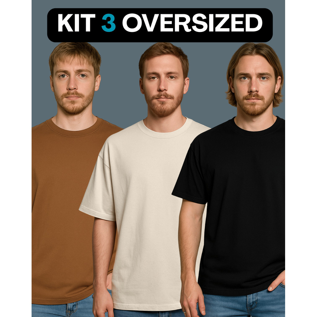 Kit 3 Camiseta Masculina Oversized Streetwear Lisa Básica Gola Alta 100% Algodão