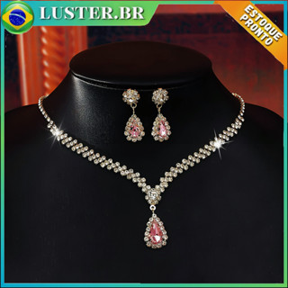 Conjunto de colar e brincos de diamantes de luxo feminino, conjunto de joias dois em um premium para casamento em Oferta na Shopee