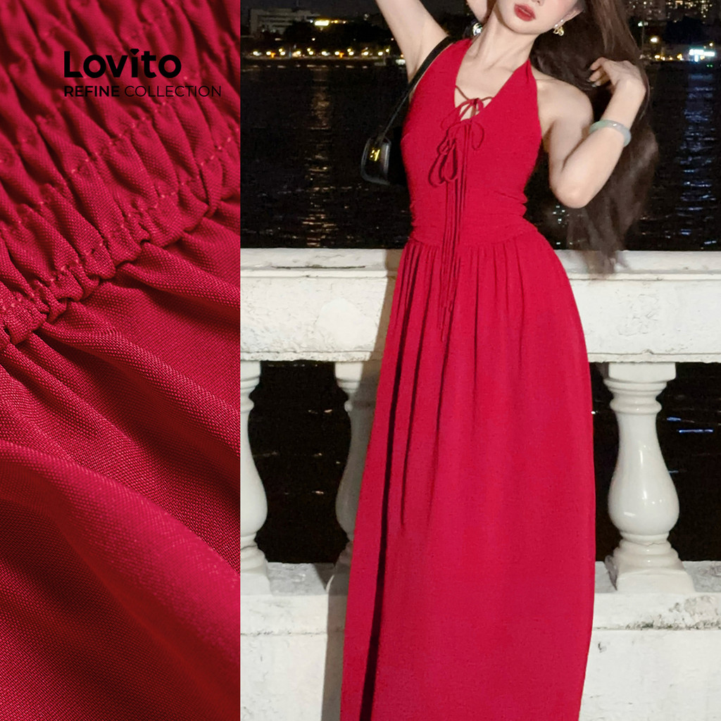 (New) (Lovito Refine) Vestido Casual de Renda com Fivelas e Laço Primavera/verão Vermelho para Mulheres LR18E038
