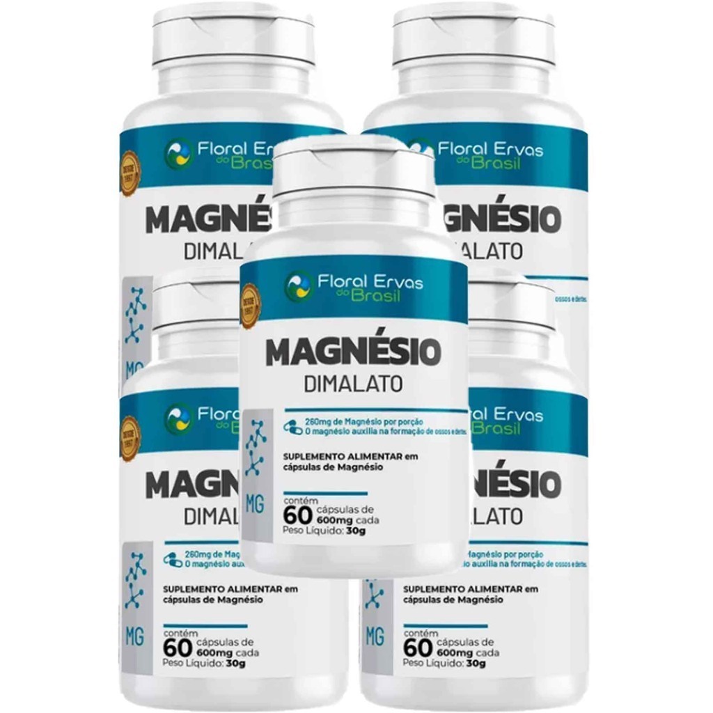 Kit 5x Magnésio Dimalato 500mg 5x60 Cápsulas Floral Ervas do Brasil