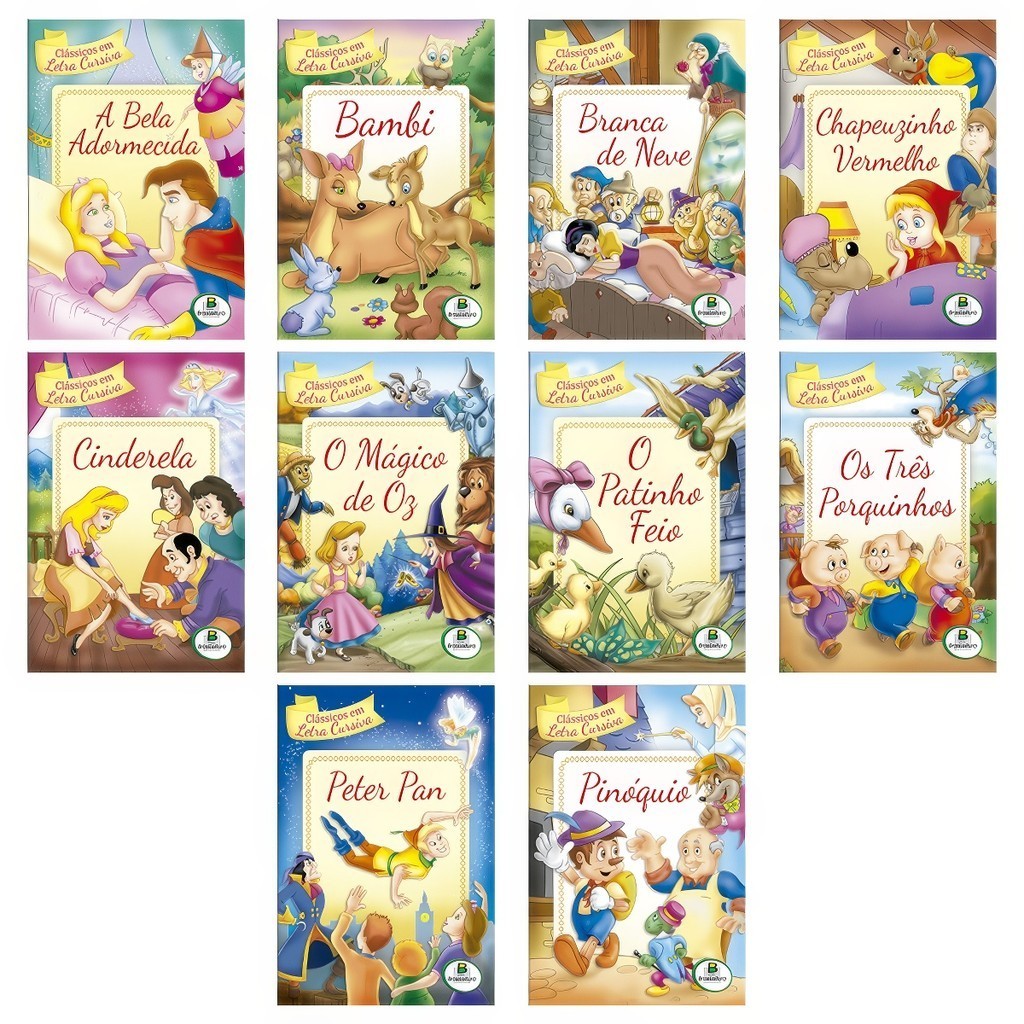 Kit 10 Livros Contos Clássicos Em Letras Cursivas Branca De Neve | Chapeuzinho Vermelho | Cinderela