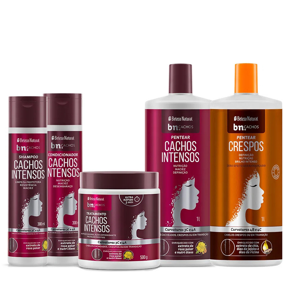 Kit Beleza Natural Super Cachos Intensos + Pentear Crespos bn.Cachos em Oferta na Shopee