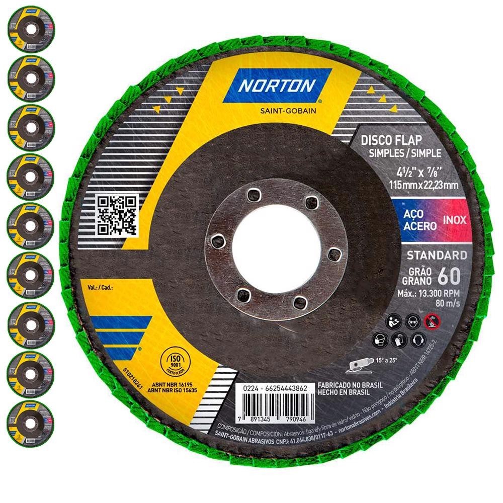 Disco Flap 4.1/2 POL Grão 60 Standard Com 10 Unidades NORTON em Oferta na Shopee