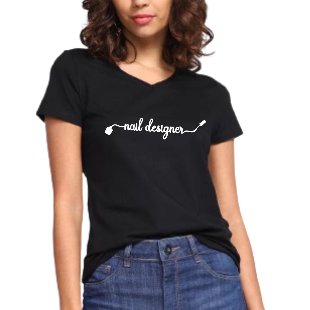 Blusa Feminina Profissão Nail Designer Camiseta Preta Ou Baby Look Uniforme Para Salão De Beleza Ou Esmalteria