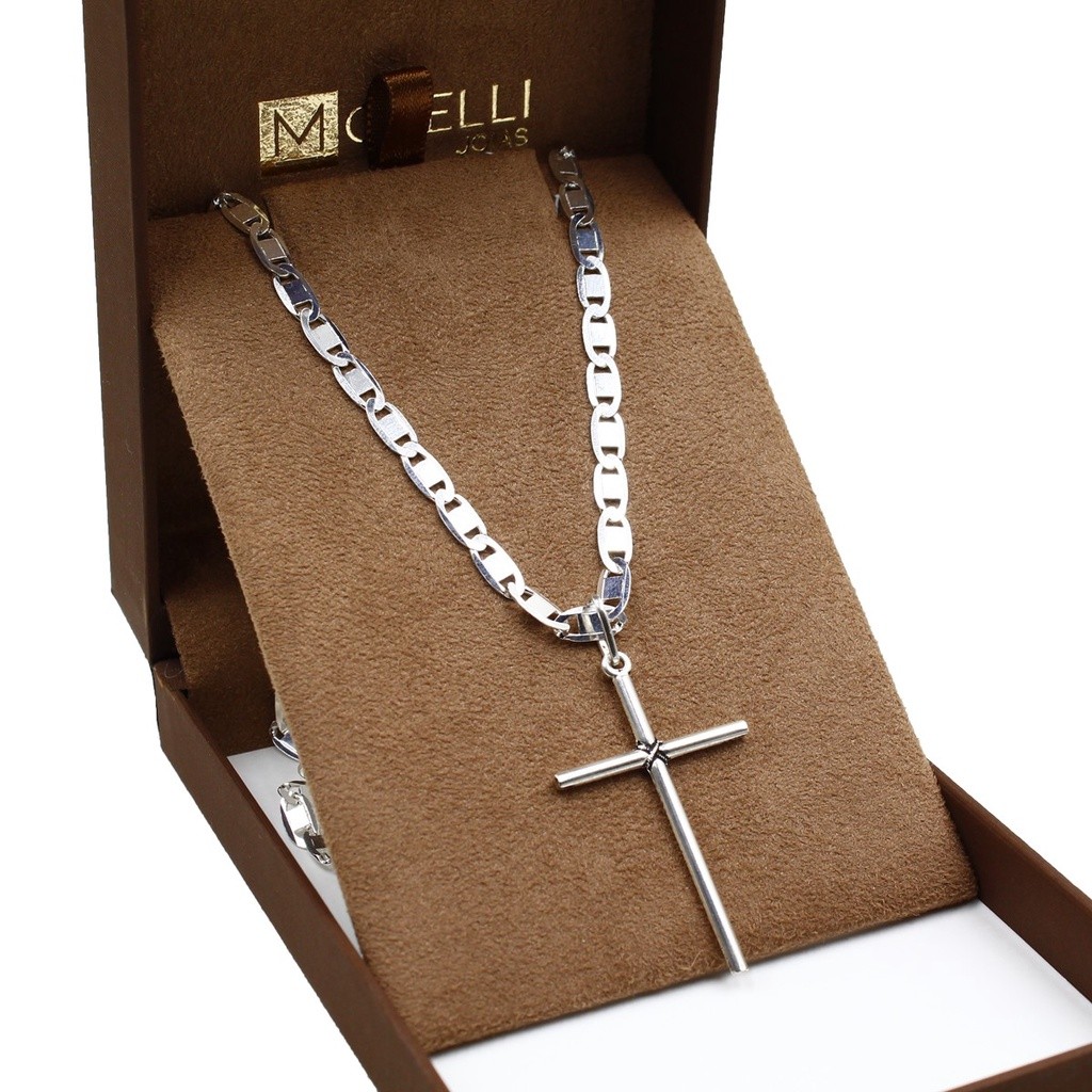 Corrente de prata 925 Masculina Piastrine 70cm Pingente Cruz Palito Grande em Oferta na Shopee
