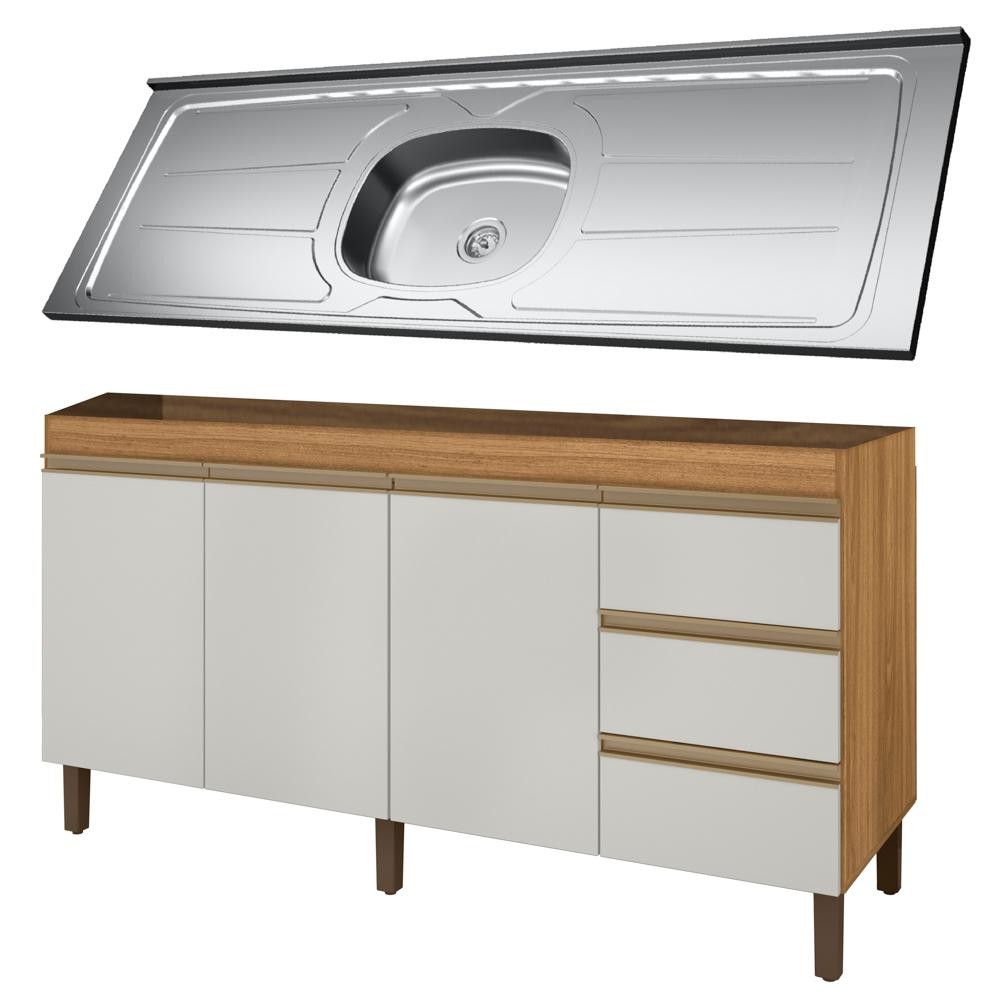 Balcão Gabinete Com Pia 160cm 3 Portas Karen P14 Nature/Off White - Mpozenato em Oferta na Shopee