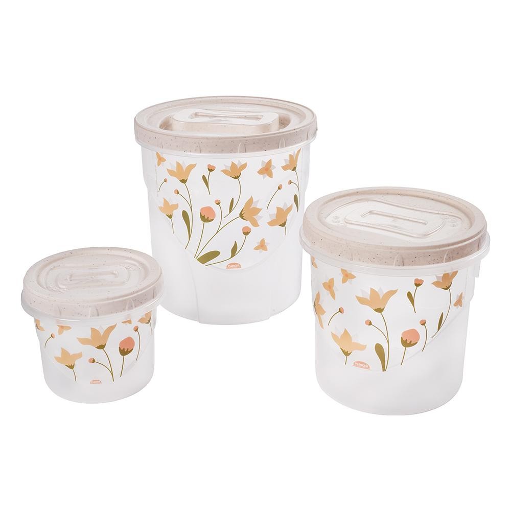 Kit 3 Potes Porta Mantimentos Redondo Branco Floral Plasútil - Home & Living