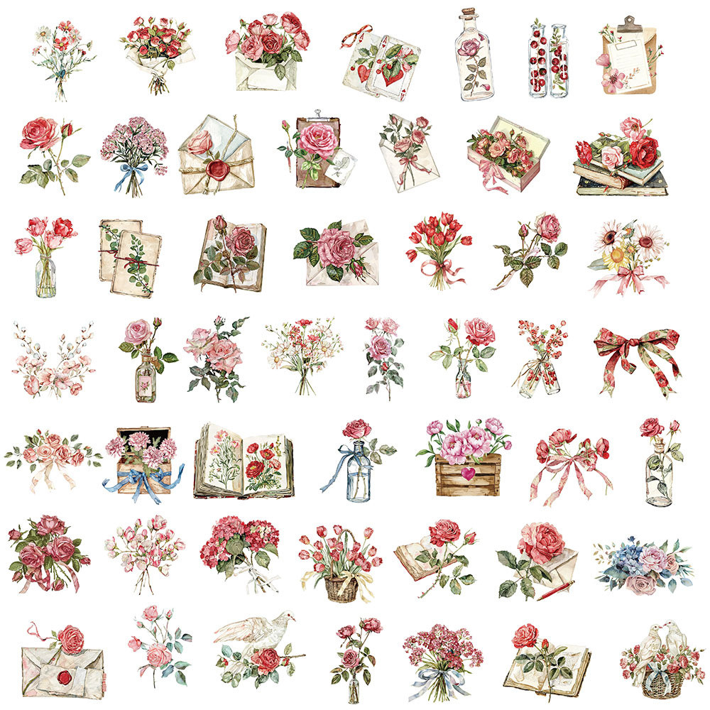 50 Unid . PET Plástico Transpanrent Vintage Flowers & Letters Adesivos À Prova D'água — imagem 2 de 2