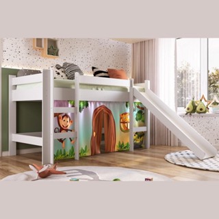 Cama Infantil Escorregador Alta Elevada Cortina Zoo Animais Quarto Playground Branco em Oferta na Shopee