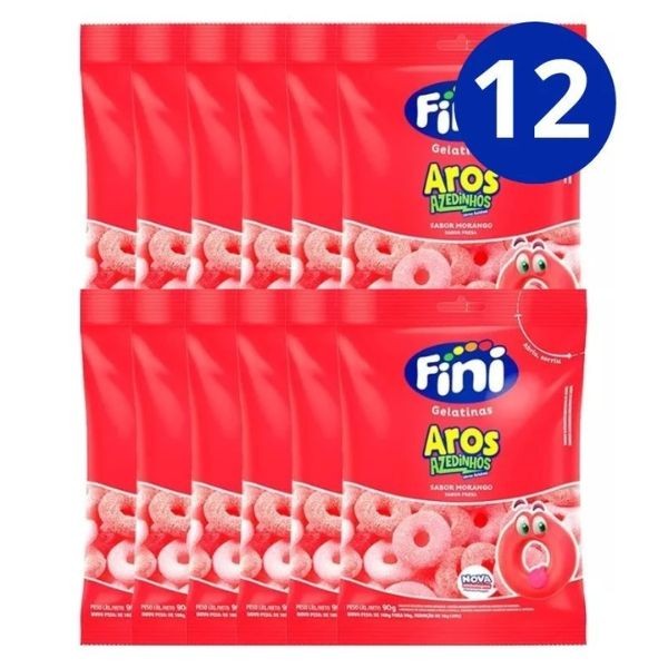Bala Fini Gelatina Aros De Morango Azedinhos 90g 12 Unidades FINI ARO Flex SP