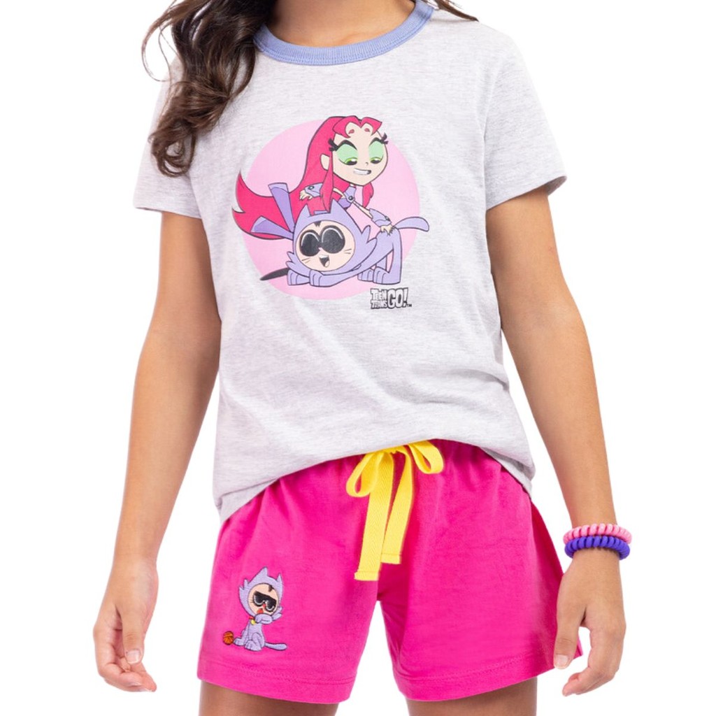 Pijama Veggi Infantil Jovens Titas Meninas Manga Curta Macio Algodão Licenciado