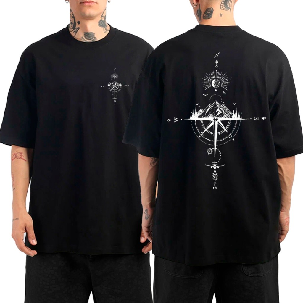 Camiseta Oversized Estampada Streetwear Unissex 100% Algodão Mountains Compass Novo