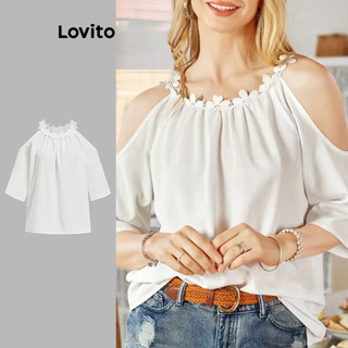 Lovito Blusa elegante de ombro frio com gola lisa e babados para mulheres L99ED411 em Oferta na Shopee