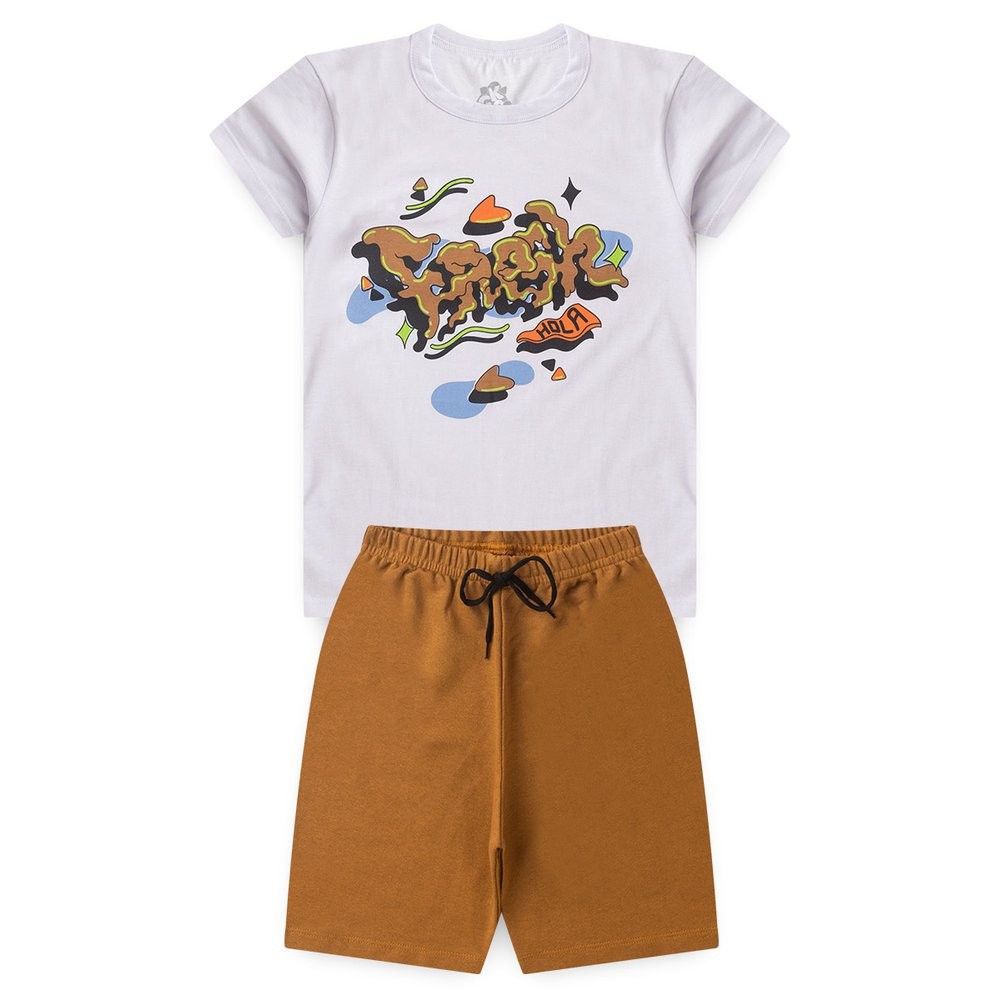 Conjunto Infantil Verão Roupa Menino Camiseta Hola Algodão Bermuda Moletinho Colorida - Conjunto Juvenil Masculino